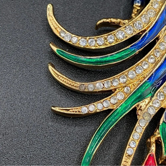 Colorful Bird Brooch In Blue, Red, Green Enamel and Sparkly Rhinestones in Gold - Picture 7 of 16